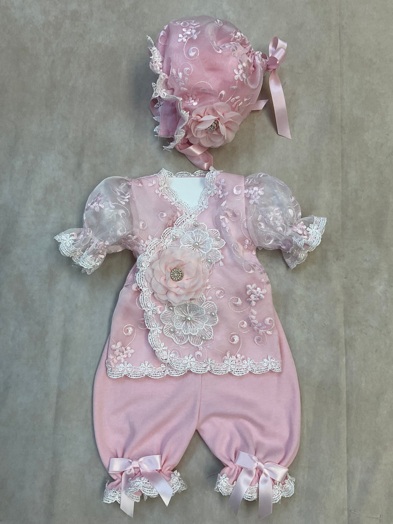 Ashley Floral Cotton Embroidered Lace Pink & white with matching Bonnet