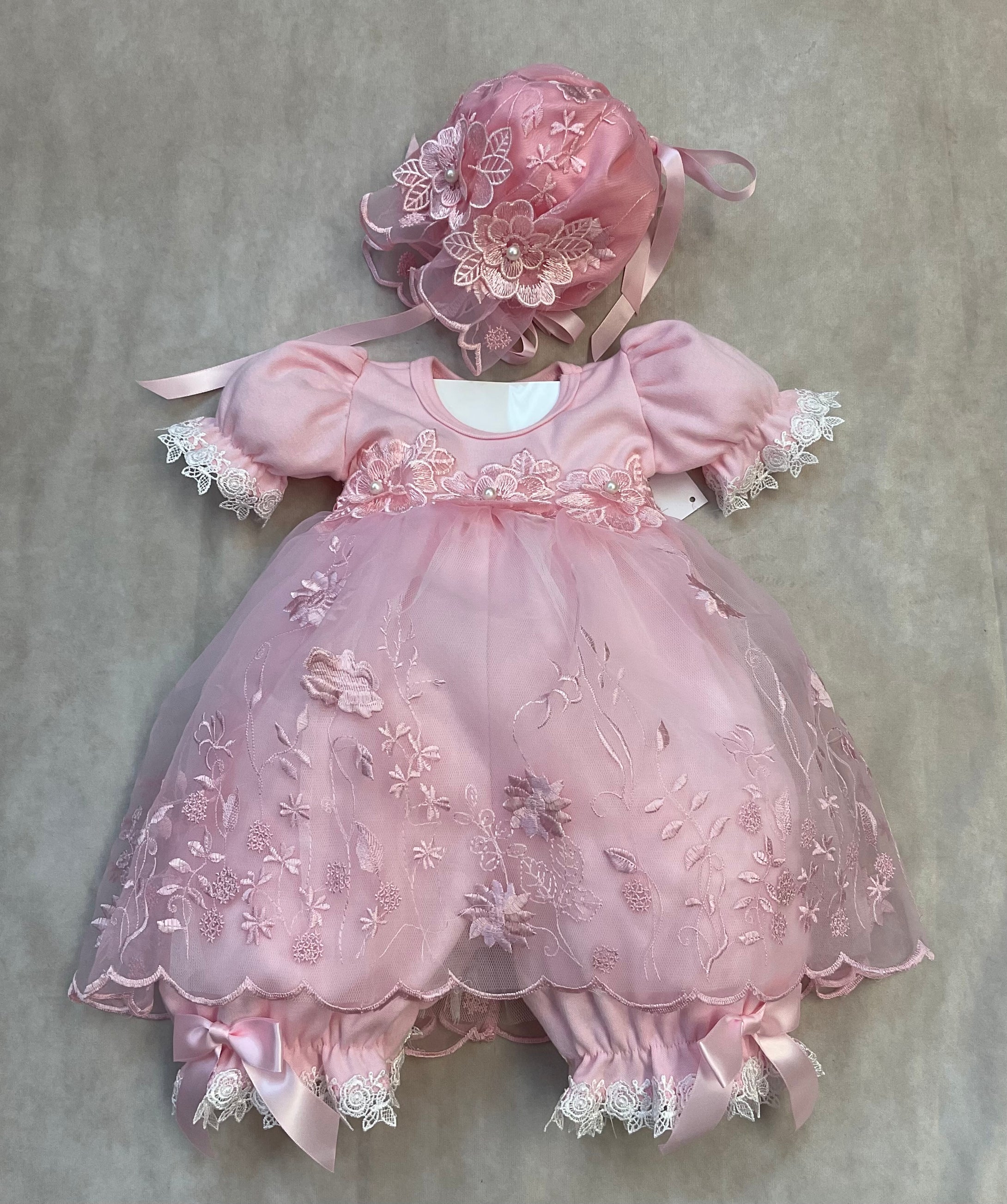 Rose infant girl pink embroided  lace & mesh bloomer with matching Bonnet