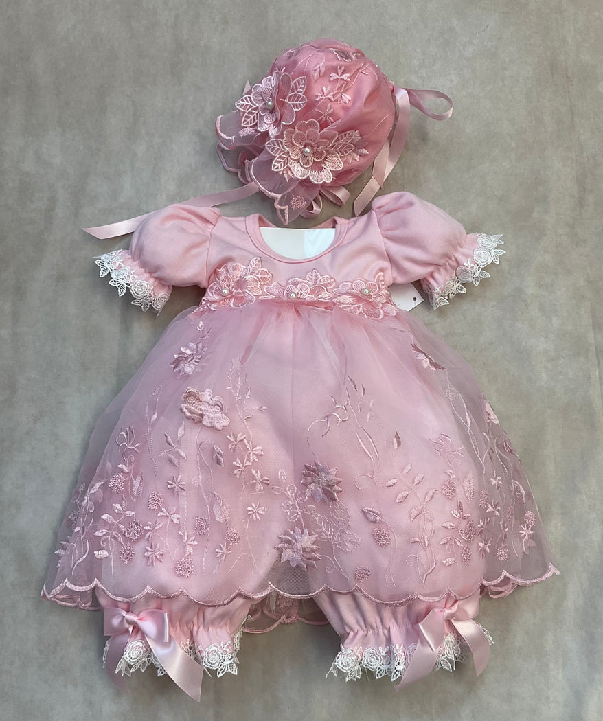 Rose infant girl pink embroided  lace & mesh bloomer with matching Bonnet