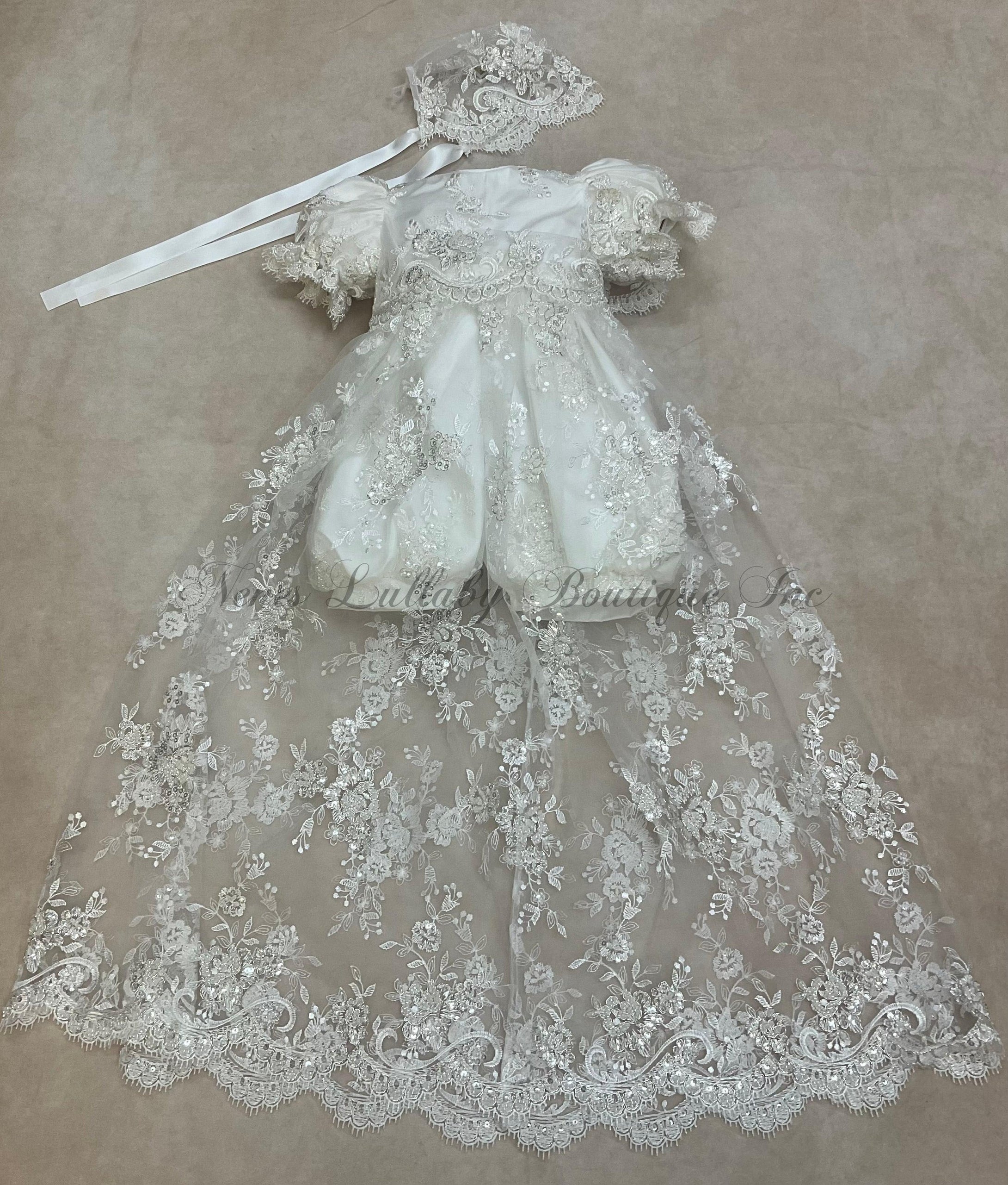 L'Pety Canar Romper w/beaded mesh lace overlay detachable unlined skirt with matching bonnet