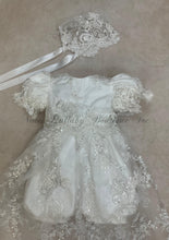 Load image into Gallery viewer, L&#39;Pety Canar Romper w/beaded mesh lace overlay detachable unlined skirt with matching bonnet