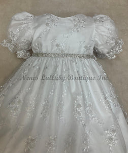 L'Pety Canar Pearl Beaded  Lace over taffeta Baptism gown white comes with bonnet