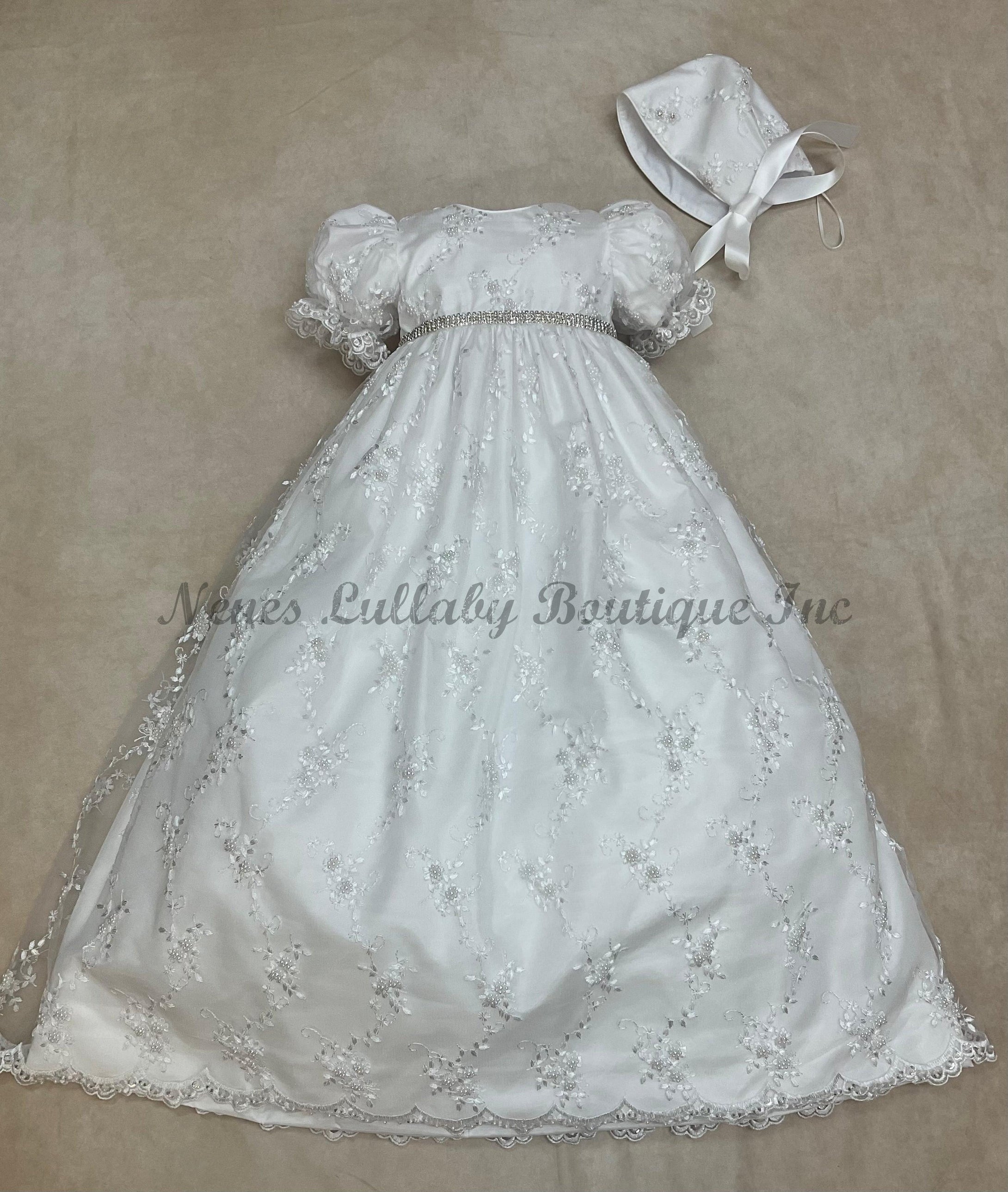L'Pety Canar Pearl Beaded  Lace over taffeta Baptism gown white comes with bonnet