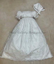 Load image into Gallery viewer, L&#39;Pety Canar Pearl Beaded  Lace over taffeta Baptism gown white comes with bonnet