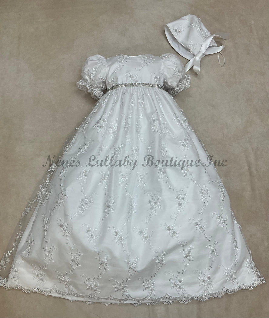 L'Pety Canar Pearl Beaded  Lace over taffeta Baptism gown white comes with bonnet