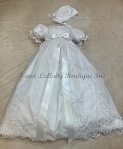 L'Pety Canar Pearl Beaded  Lace over taffeta Baptism gown white comes with bonnet