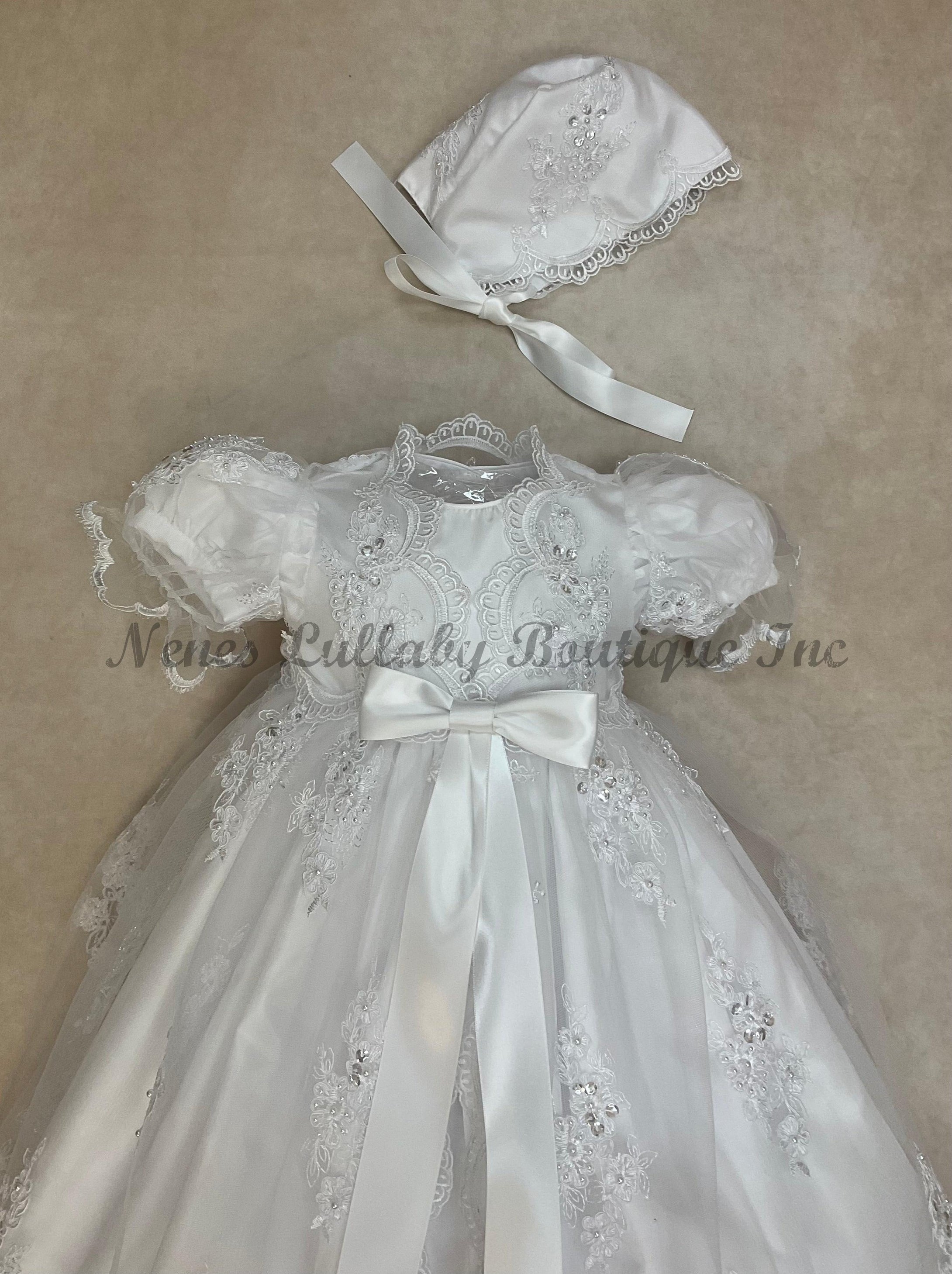 L'Pety Canar Lace coat lined taffeta gown white comes with bonnet