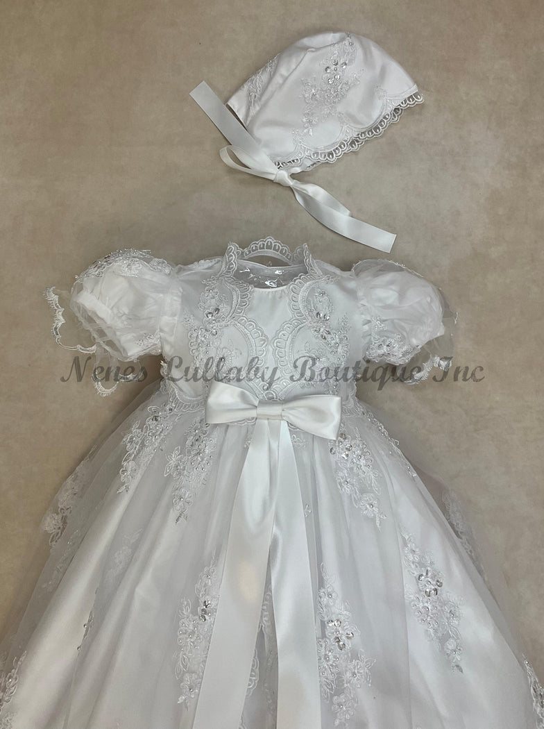 L'Pety Canar Lace coat lined taffeta gown white comes with bonnet