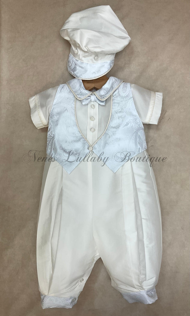 Fabrizo White Silk Christening Romper with pale blue Vest/ Short Sleeve/ Long Pant Newboy Cap