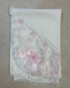 Beth white/pink cotton  lace baby blanket