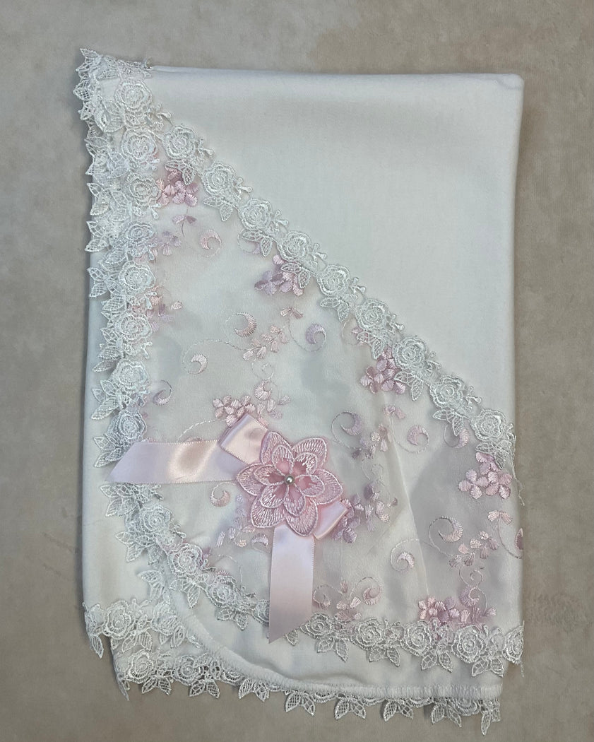 Beth white/pink cotton  lace baby blanket