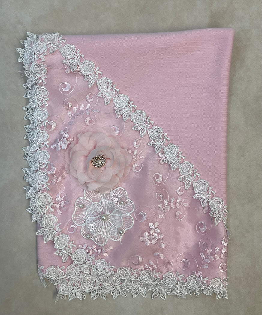 Ashley Pink/white cotton  lace baby blanket