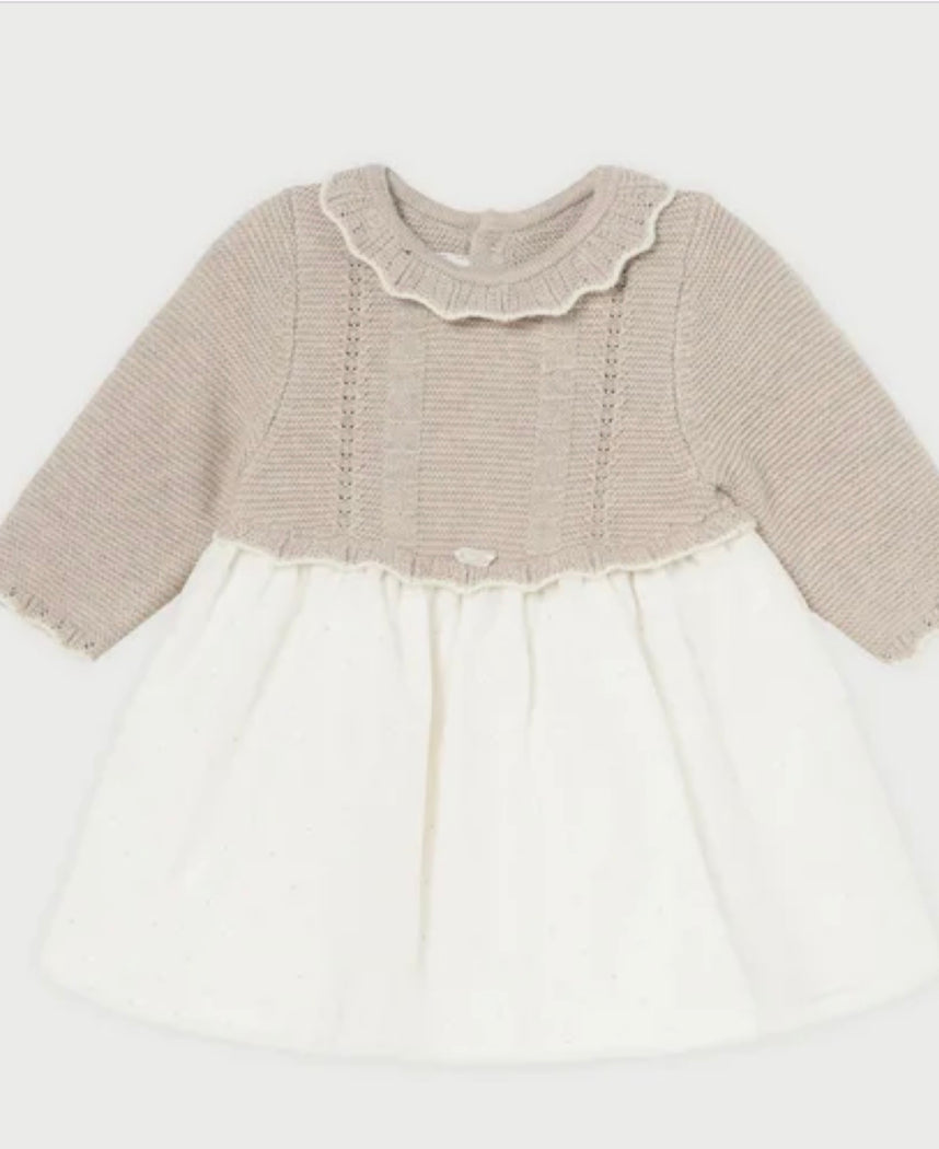 Baby Girls taupe / white knit top with cotton skirt lined