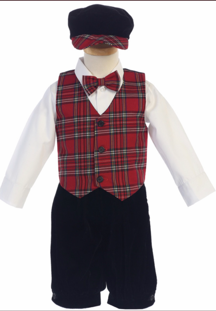 Boys Plaid vest & black velvet knicker