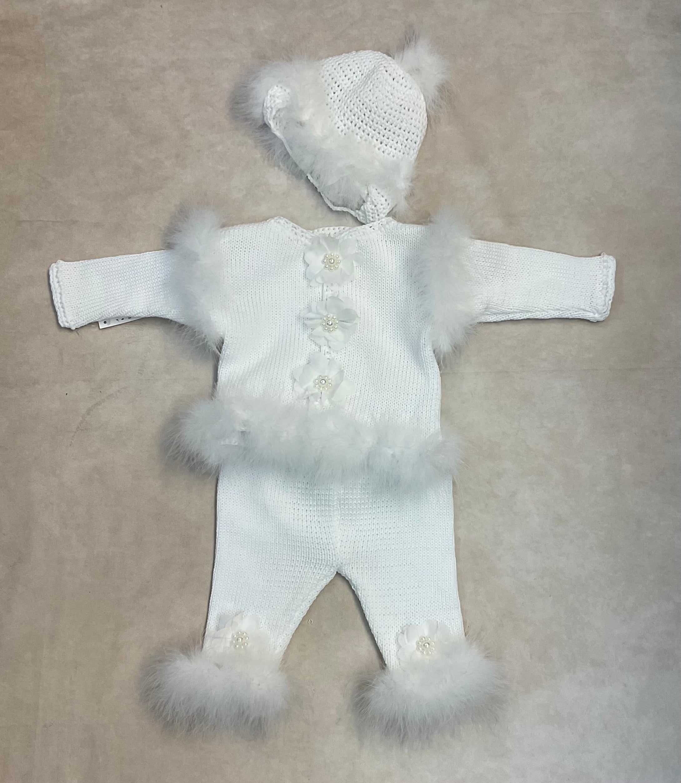 CPK639 Custom handmade sweater knit adorned with marabou feathers, hand rolled rosettes adorn with pearls