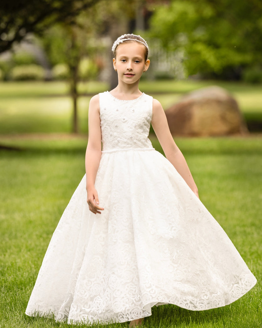 19417 Diamond White Rose Design  all over lace with beading Communion Dress