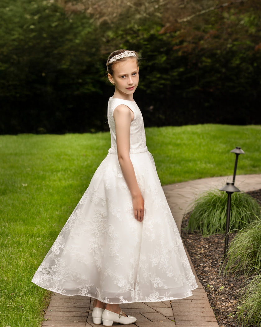 19423 Diamond White Sleeveless all over lace with beaded waist and A-line skirt Communion Dress