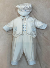 Load image into Gallery viewer, Blue Nicola 100% white silk Christening / Baptism suit by Piccolo Bacio