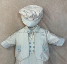 Load image into Gallery viewer, Blue Nicola 100% white silk Christening / Baptism suit by Piccolo Bacio