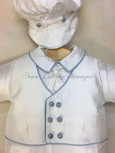 Load image into Gallery viewer, Infant boys Blue Pio White Silk with blue trim Christening / Baptism outfit by Piccolo Bacio PB_Blue_Pio_ws_ss_lp