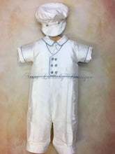 Load image into Gallery viewer, Infant boys Blue Pio White Silk with blue trim Christening / Baptism outfit by Piccolo Bacio PB_Blue_Pio_ws_ss_lp