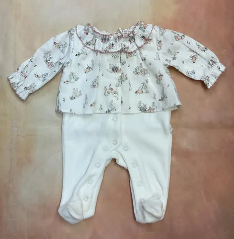 Infant girl velour footie with with printed infant Peter Rabbit theme