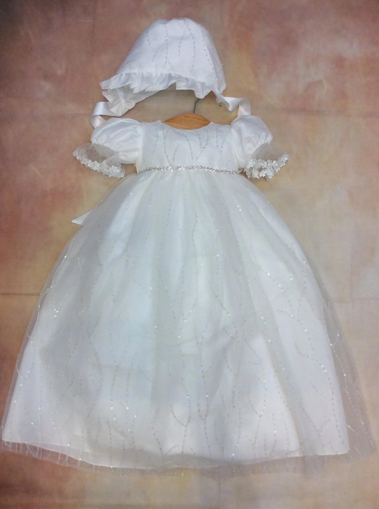 Joie Beautiful re-embroidered sequence Christening Gown With Matching Bonnet 6M