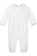 Load image into Gallery viewer, Julius Berger &amp; Carriage Boutique - Baby Boy Knit Pearl Blue Cross Outfit + Bonnet: 3M