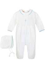 Load image into Gallery viewer, Julius Berger &amp; Carriage Boutique - Baby Boy Knit Pearl Blue Cross Outfit + Bonnet: 9M