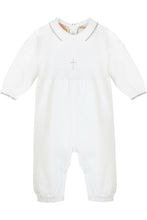 Load image into Gallery viewer, Julius Berger &amp; Carriage Boutique - Baby Boy Knit Pearl Silver Cross Outfit + Bonnet: 9M