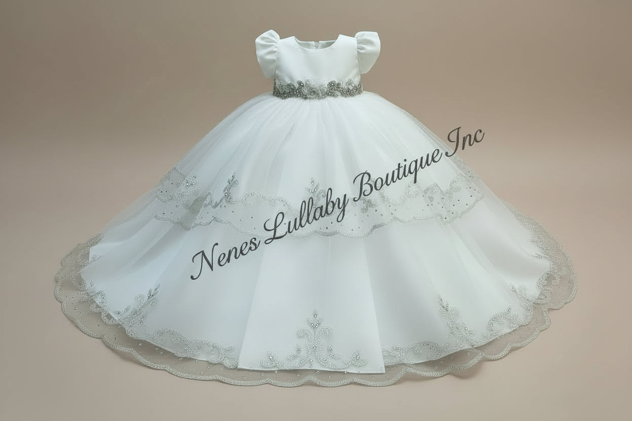 white christmas dresses Karen Diamond White Christening Gown with Rhinestone & Silver Trim 6 Month