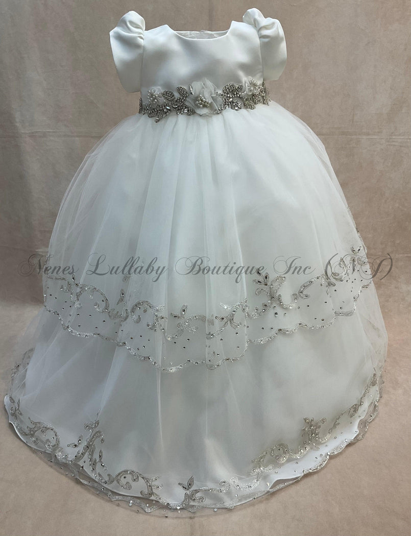 Karen diamond white Christening gown with rhinestone & Silver trim