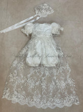Load image into Gallery viewer, L'Pety Canar Romper w/beaded mesh lace overlay detachable unlined skirt with matching bonnet