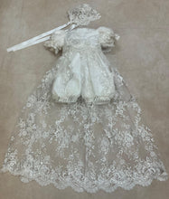 Load image into Gallery viewer, L'Pety Canar Romper w/beaded mesh lace overlay detachable unlined skirt with matching bonnet