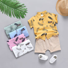 Load image into Gallery viewer, Leaf Print Short-sleeve Shirt and Pants Set: 9-12 Months / Blue