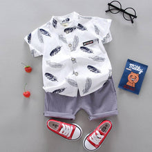 Load image into Gallery viewer, Leaf Print Short-sleeve Shirt and Pants Set: 9-12 Months / Blue