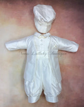 Load image into Gallery viewer, Lorenzo_ws_kn by Piccolo Bacio boys white silk Christening / Baptism suit with knicker pant matching newsboy cap