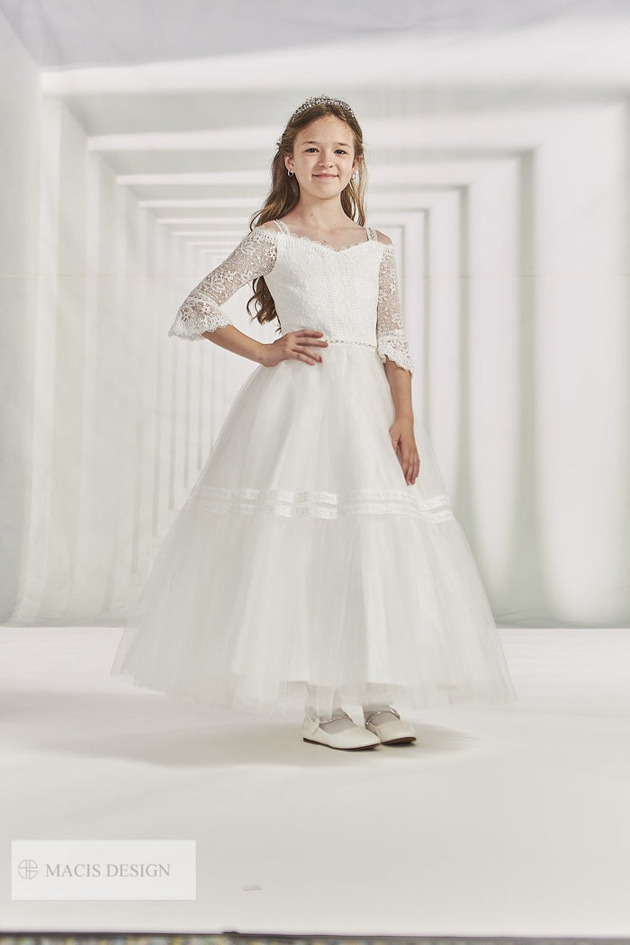 slim fit dress slacks Sweetie Pic White Communion Long Lace Hem Gown main image 1