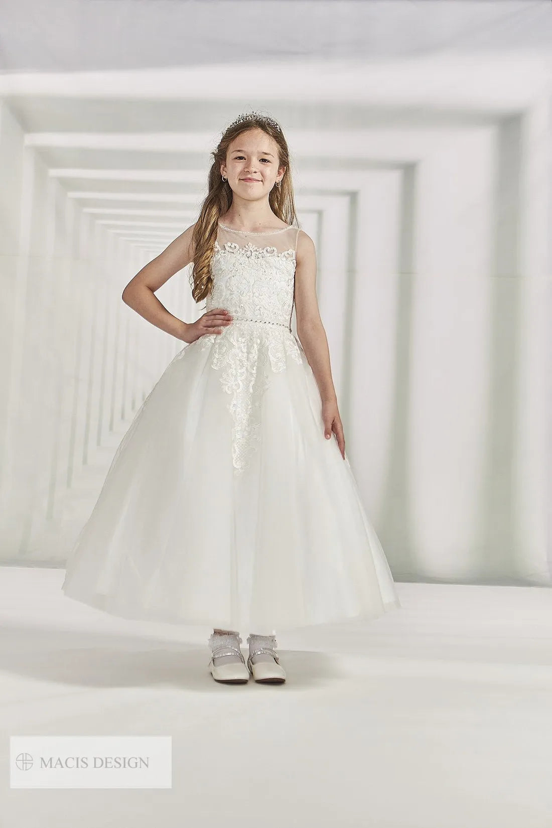 macis design dresses First Communion #MT1972 7 / Ivory / Tea Length Core Colors:Ruby Red Floral Womens Dresses ✨ Belle Girls Red Dress has a slight