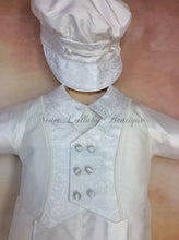 Load image into Gallery viewer, Matt_sk_ls_lp 100% White Silk Christening / Baptism outfit with lone sleeve/long pant matching newsboy cap by Piccolo Bacio