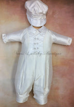 Load image into Gallery viewer, Matt_sk_ls_lp 100% White Silk Christening / Baptism outfit with lone sleeve/long pant matching newsboy cap by Piccolo Bacio