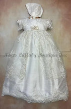 Load image into Gallery viewer, Nicolette Christening / Baptism Gown 100% all silk lace with matching brim bonnet by Piccolo Bacio 2020-2024 Collection