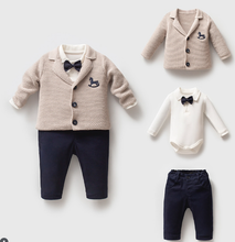 Load image into Gallery viewer, Nipperland - Carousel Knit Baby Boy Set Linen Pants Set with Bow Tie : Navy Blue / 3-6M