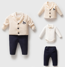 Load image into Gallery viewer, Nipperland - Carousel Knit Baby Boy Set Linen Pants Set with Bow Tie : Navy Blue / 6-12M