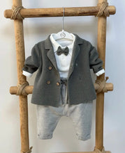 Load image into Gallery viewer, Nipperland - Knit Baby Boy Outfit – Cotton Linen Pants Set with Bow Tie : Blue / 0-3M