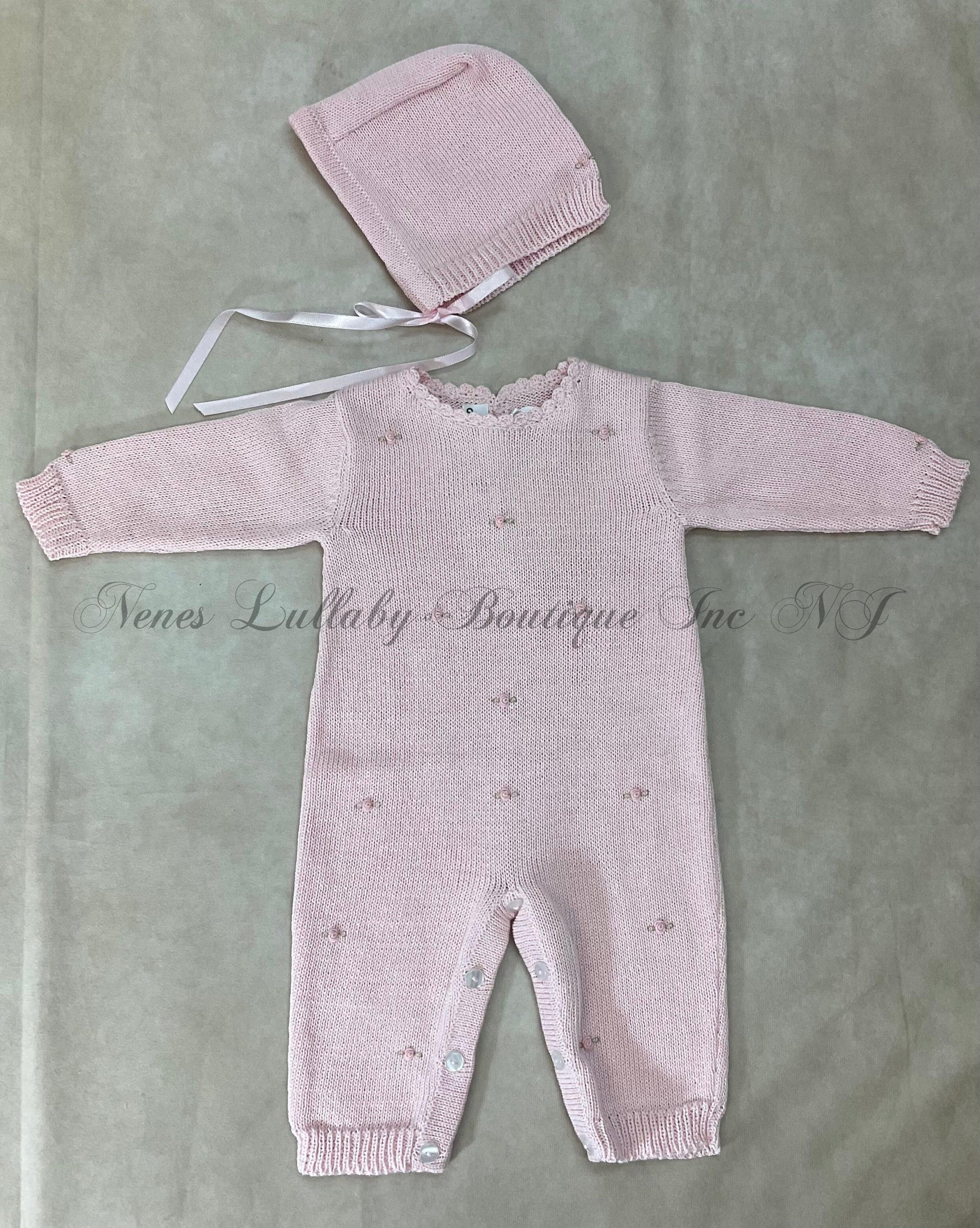 Petunia girls handmade Pima cotton knit with matching bonnet Baby pink