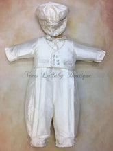 Load image into Gallery viewer, Pio Gold Brocade/white silk boys Christening / Baptism Romper by Piccolo Bacio