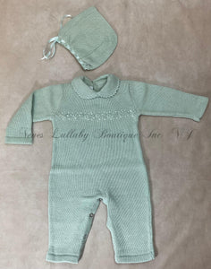 Sage green hand made knit with matching bonnet Pima cotton