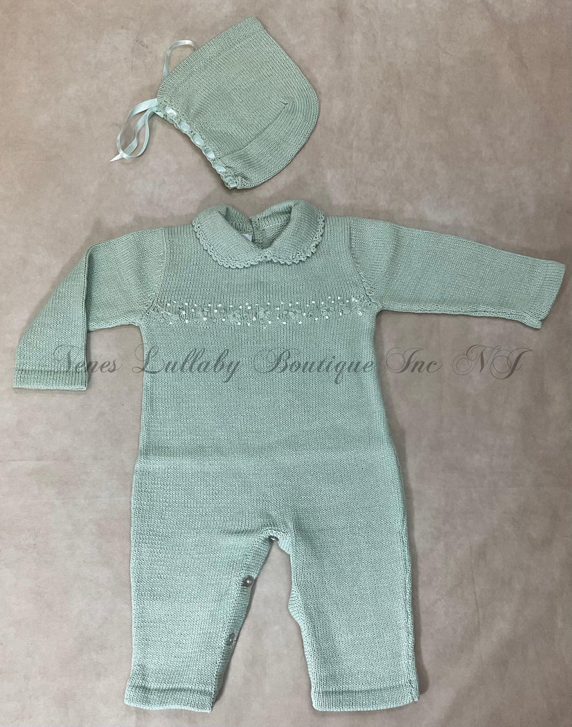 Sage green hand made knit with matching bonnet Pima cotton
