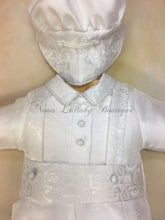 Load image into Gallery viewer, Renzo_sk_ss_kn Boy White Silk Christening / Baptism outfit short sleeve, knicker pant matching newsboy cap by Piccolo Bacio